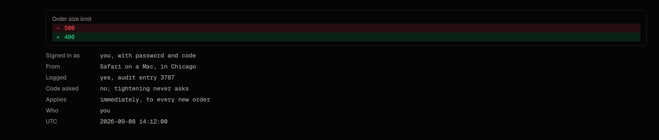 A config change on Activity opens into a before and after diff: who changed what, when, and with which confirmation.