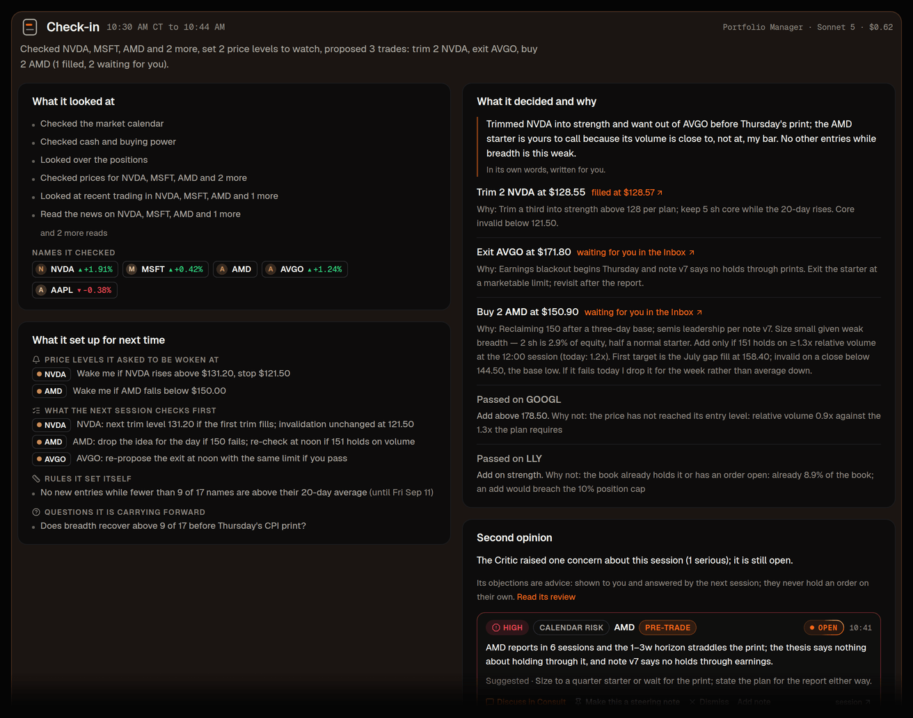 A session's page: conclusions first (summary, decisions, theses, what would change its mind), the tool calls it made, and the transcript behind one line.