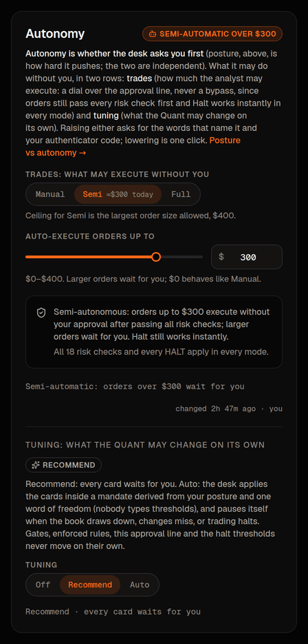 Autonomy: Manual, Semi or Full, the approval line it produces, and the sentence that says what will wait for you.