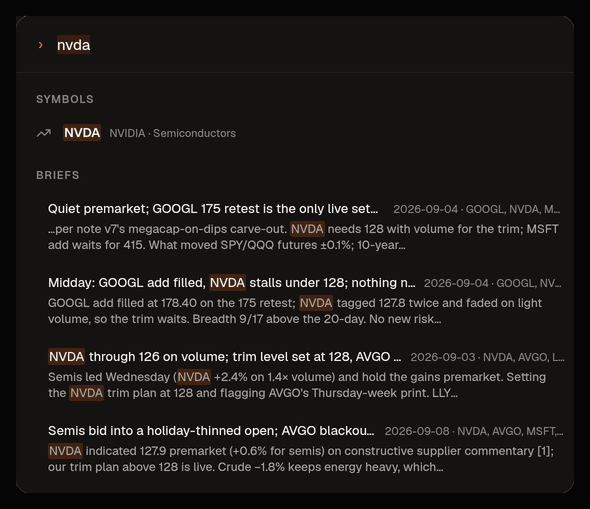 The command palette (⌘K): type a ticker, a screen, a setting or a question; results are grouped by kind.