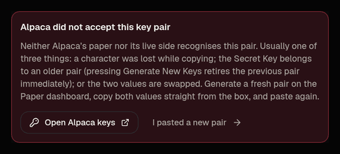 A fix card after a failed test: the problem in plain words, what to do, one button, and the technical detail folded away for your operator.