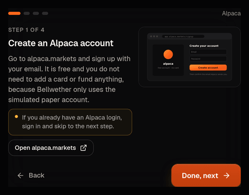 Connect your broker: the illustrated Alpaca guide, one card per step, with the button that opens the right Alpaca page.