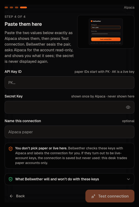 The paste card: key id and secret, the environment detected from the key, and Verify and connect.