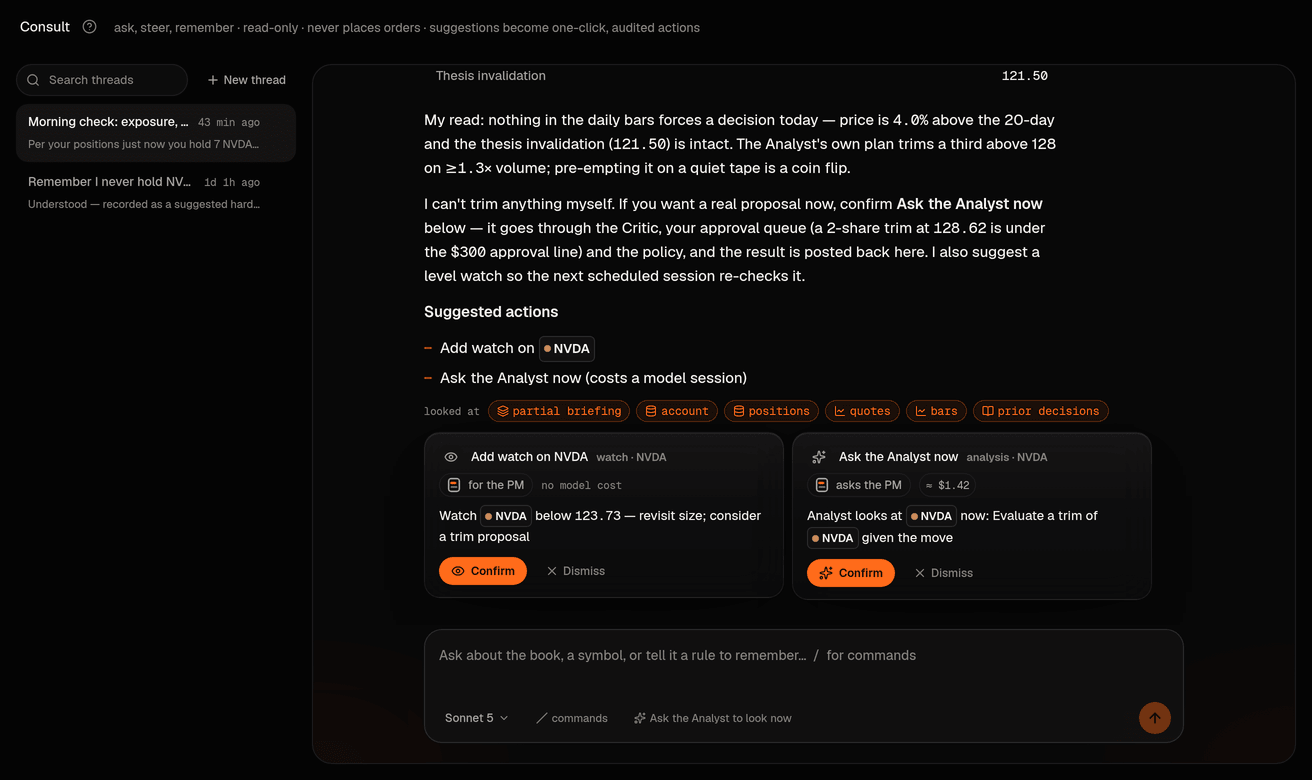 Consult: threads on the left, the conversation on the right, and typed suggestion cards that do nothing until you confirm.