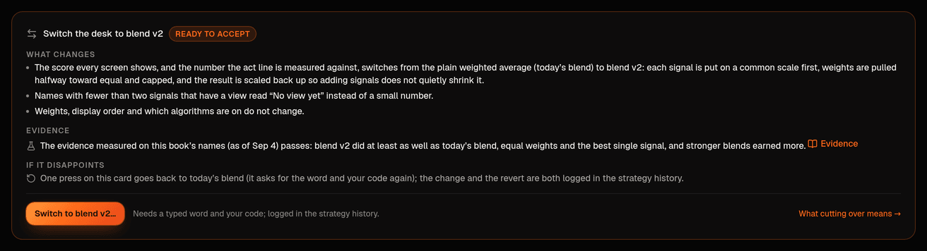 The cutover card: what changes, the evidence verdict in one sentence with a link to the results, and the way back.