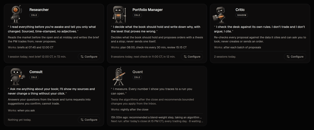 Your desk on the Agent screen: one card per role with its state, model and cadence, and a link to configure it.