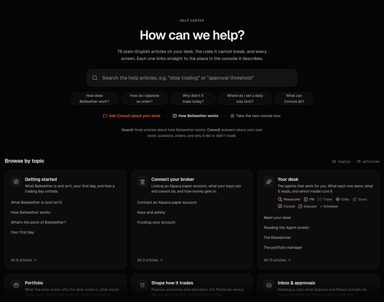 The help center front page: search, the topics, popular articles and Ask Consult.