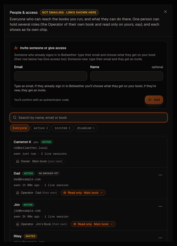 People & access: everyone who can reach the books you run, one chip per book and role, pending people with their setup link, and Add someone at the top.