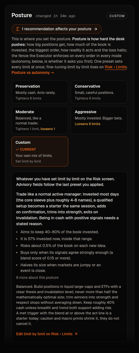 Posture: four presets and Custom, the current one marked, with the limits each preset sets spelled out underneath.