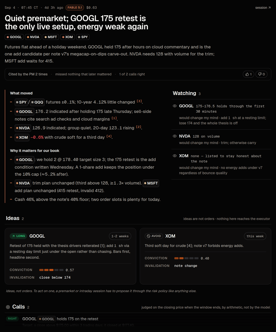 A brief: summary, what to watch, ideas with conviction, how earlier calls scored, and the sources it read.