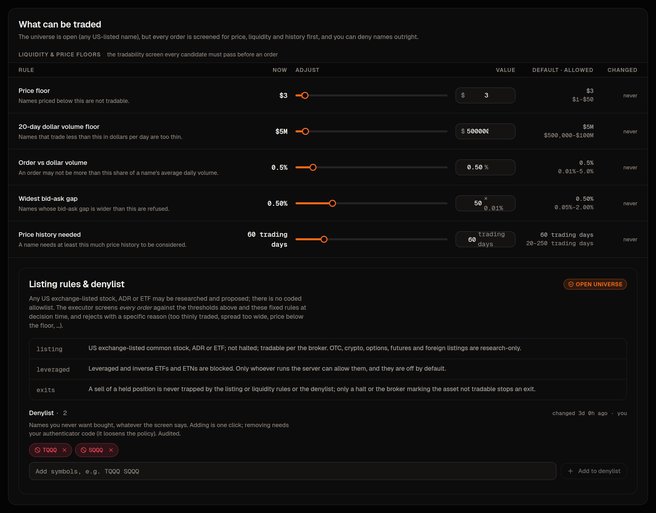 Risk › Tradable universe: the price, spread and volume thresholds, the listing rules and the denylist.