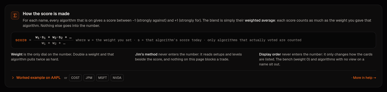 How the score is made: the small formula and a worked example from today's blend.