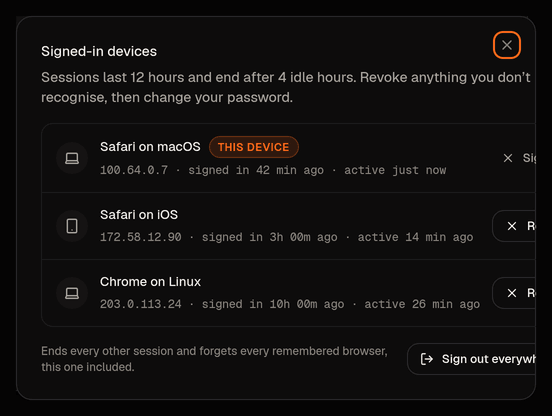 Your sessions: every browser signed in as you, with this one marked, and a way to end the others.