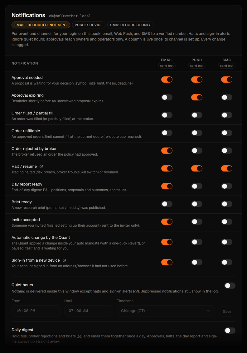 Settings › Notifications: which events reach which channel, quiet hours, and the delivery log.