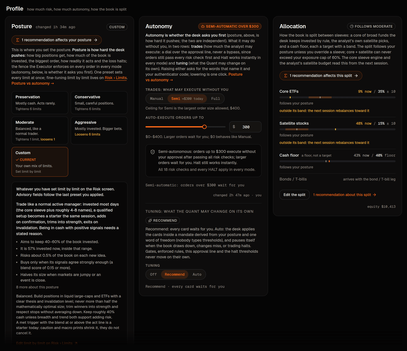 Strategy › Profile: posture tiles, the autonomy dial with its approval line and the Tuning row, and the allocation card.