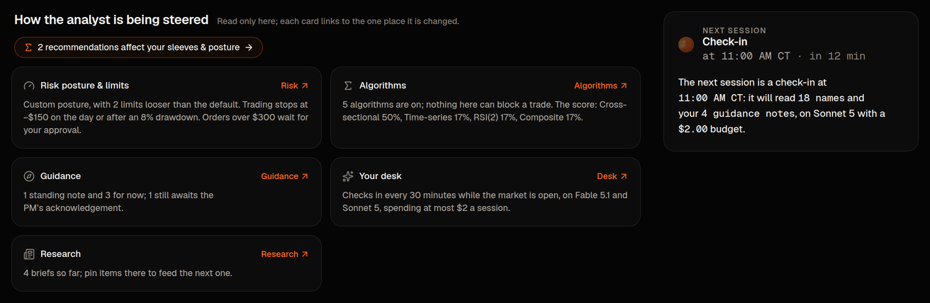 Strategy › Summary: posture, approval line, halts, guidance and algorithms as read-only cards that link to their one editor.