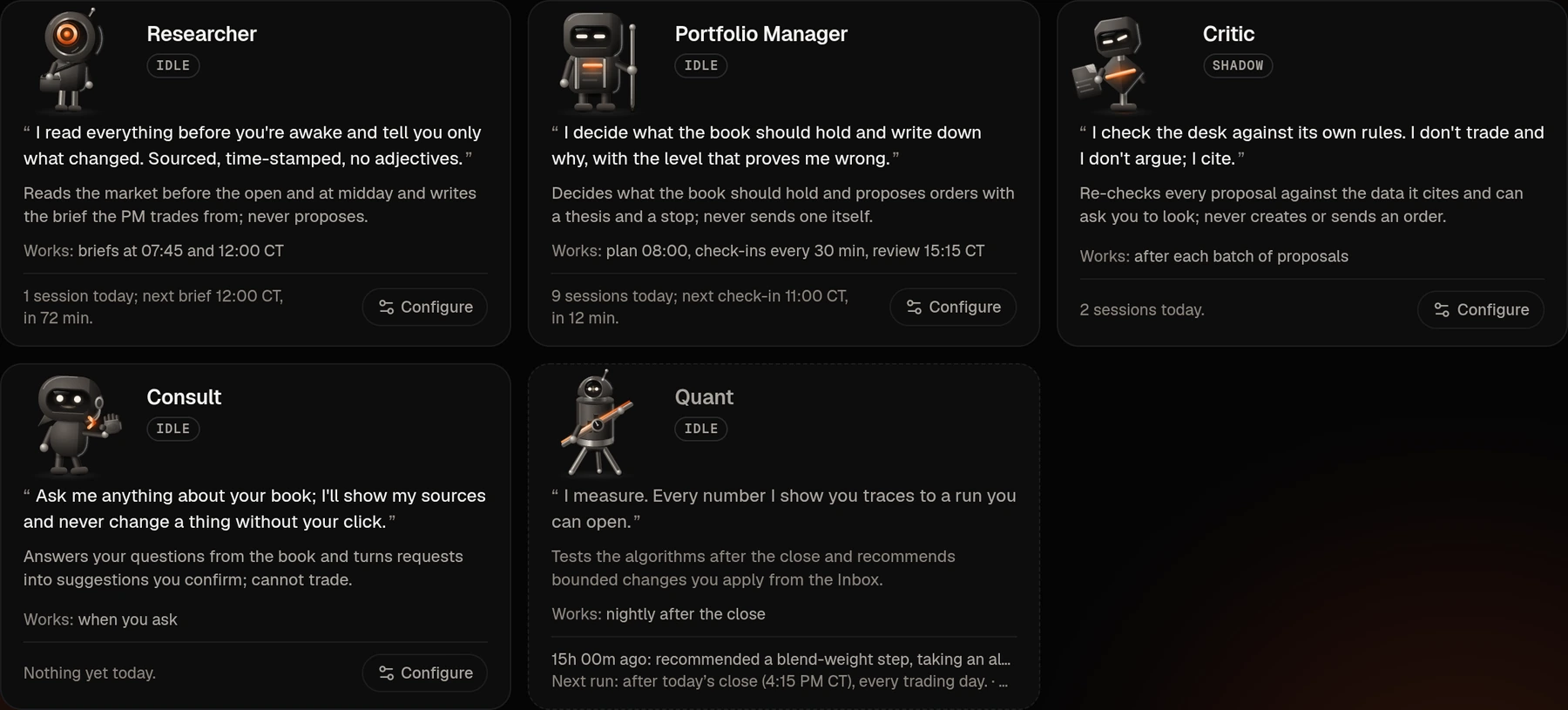 The Your desk screen: one card per agent role with its mark, live state and last session.