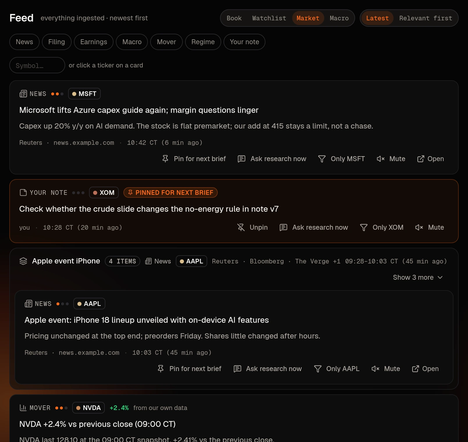 The Research screen listing cited briefs and news items relevant to the watchlist.